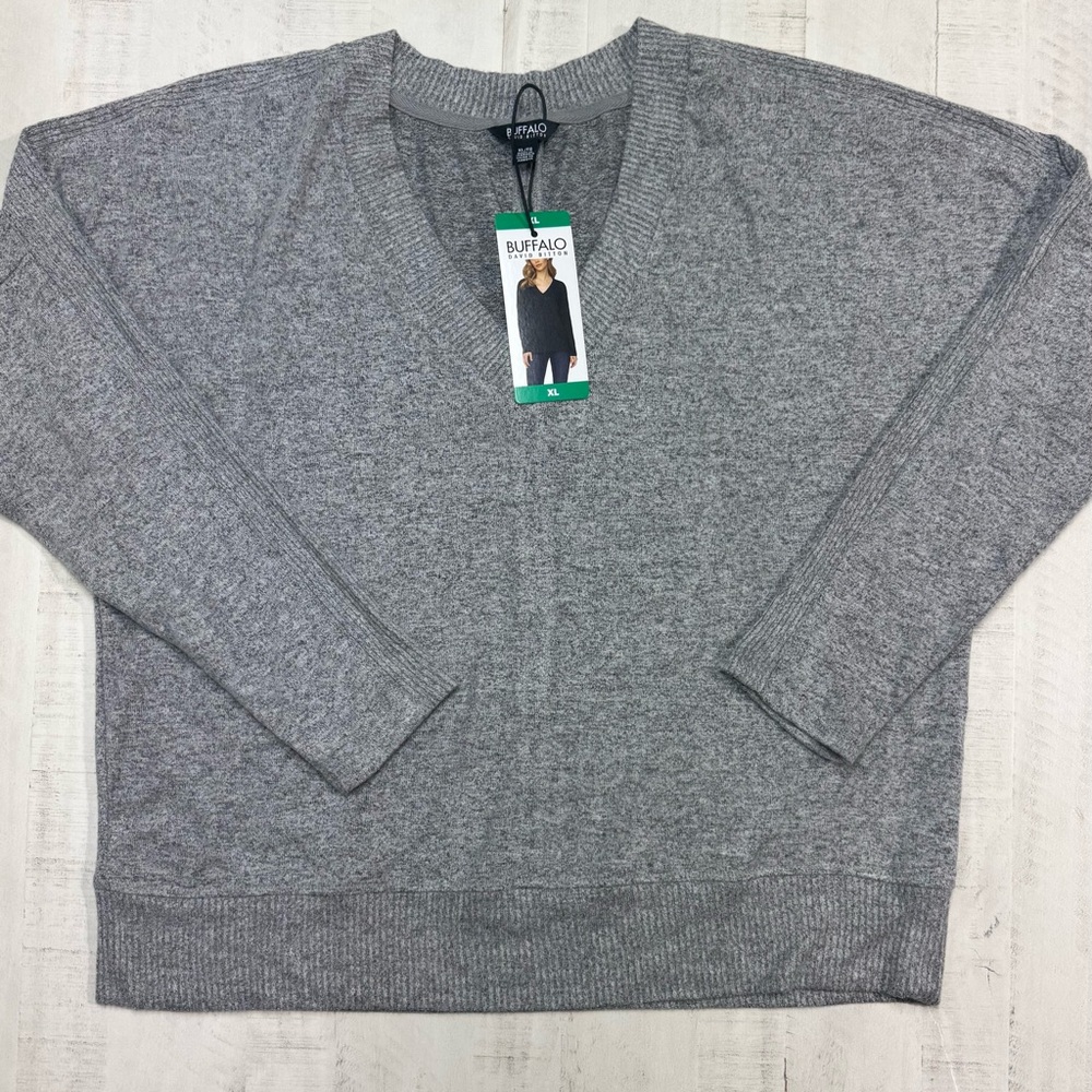 Buffalo David Bitton Sweater Medium Gray Soft Cozy V-Neck Casual Pull On